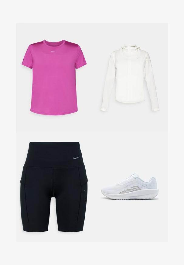 Balta Nike jaka ar kapuci, pilna rāvējslēdzēja, elastīgām piedurknēm un diskrētu logotipu uz krūšu daļas. Gluda tekstūra un viegla konstrukcija.; Nike Performance ONE CLASSIC  - Sporta krekli - hot fuchsia/black; Melni augsto vidukļa sporta šorti, izgatavoti no elastīga materiāla; satur sānu kabatas un mazu Nike logo uz jostas.; Baltas sporta apdedzinājums ar sietu augšdaļu, noapaļotu purngalu un teksturētu zoli. Tam ir sudraba Nike zvīņa un minimālisma dizains.