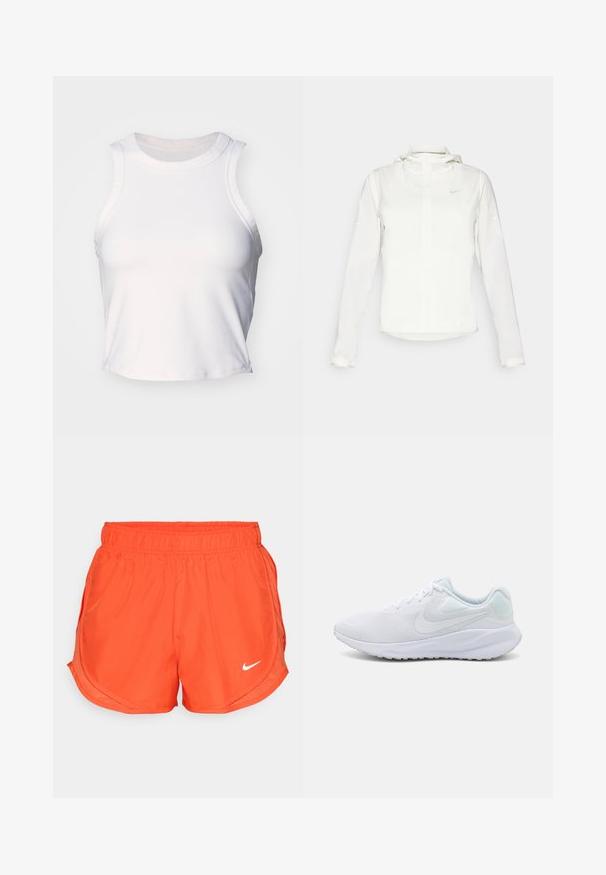 Giacca Nike bianca con cappuccio, zip completa, polsini elasticizzati e un logo discreto sul petto. Texture liscia e design leggero.; Top corto bianco senza maniche realizzato in un tessuto liscio e elasticizzato. Presenta un collo rotondo e sottili dettagli di cucitura lungo i bordi.; Pantaloni corti atletici arancioni con una cintura elastica, fessure laterali e un logo Nike bianco sul davanti. Realizzati in un tessuto liscio e leggero.; Scarpe da ginnastica bianche con upper in mesh, design testurizzato, punta arrotondata, colletto imbottito e dettagli azzurri chiari sul tallone. Suola in gomma.