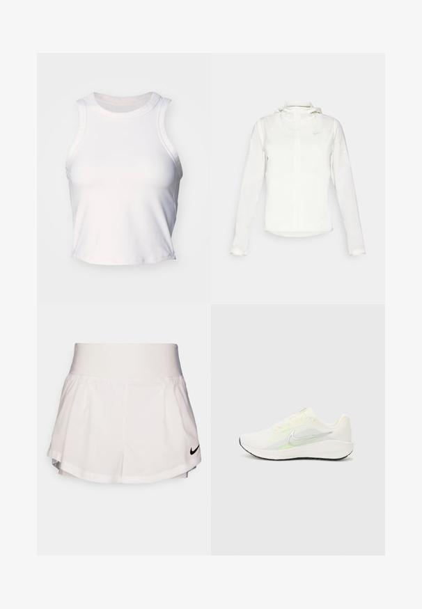 Weiße Nike-Jacke mit Kapuze, durchgehendem Reißverschluss, elastischen Bündchen und einem dezenten Logo auf der Brust. Glatte Textur und leichtes Design.; Weißes ärmelloses Croptop aus glattem, dehnbarem Stoff. Besitzt einen runden Ausschnitt und dezente Nähte entlang der Kanten.; Nike Performance SHORT - Kurze Sporthose - white/black; Nike Performance DOWNSHIFTER 13 - Laufschuh Straße - sail/silver-coloured photon dust/summit white/barely volt/black