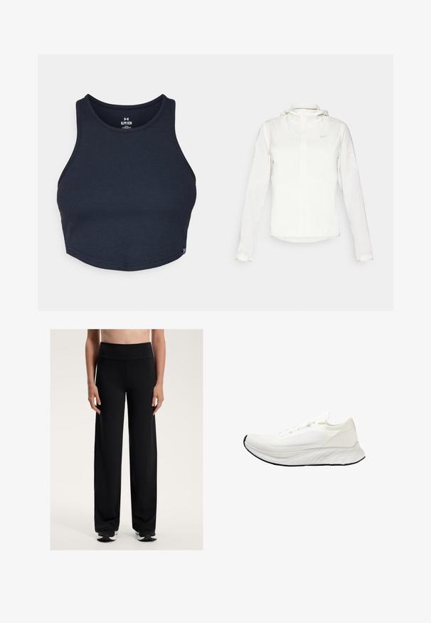 Biała kurtka Nike z kapturem, na zamek błyskawiczny, elastyczne mankiety i subtelne logo na piersi. Gładka tekstura i lekka konstrukcja.; Granatowy, krótki top na ramiączkach wykonany z prążkowanej tkaniny, z okrągłym dekoltem i szerokimi ramiączkami, z małą metką logo przy dolnym brzegu.; Czarne szerokie spodnie sportowe z wysokim stanem. Wykonane z gładkiego, elastycznego materiału, z luźnym krojem i subtelną teksturą.; Białe buty do biegania z siateczkową cholewką, lekką konstrukcją, gładką zaokrągloną podeszwą i czarną gumową podeszwą. Posiada płaskie sznurówki i minimalne akcenty.