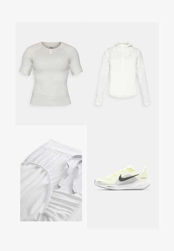 Valkoinen Nike-takki hupulla, täyspitkällä vetoketjulla, joustavilla hihansuilla ja hillityllä logolla rinnassa. Sujuva pinta ja kevyt muotoilu.; Lyhytnukkainen urheilupaita vaaleanbeigeä verkkokangasta, jossa on pyöreä pääntie ja etupaneelin yksityiskohta. Joustava, istuva malli mukavuuden takaamiseksi.; Valkoiset urheilushortsit, joissa on teksturoidut vyötärönauhat, poimutetut sivuyksityiskohdat ja tasainen nyöri. Pehmeä kangas, jossa on sileä pinta.; Nike juoksukengät, joissa on vaaleankeltainen ja valkoinen verkko-osa, harmaita yksityiskohtia ja joustava kumipohja. Varusteet nauhakiinnityksellä.