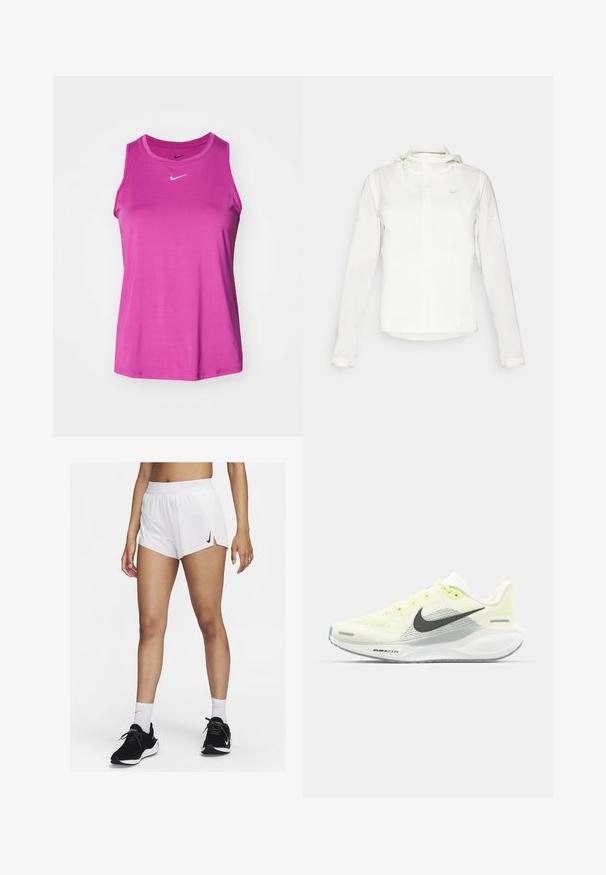 Chaqueta blanca de Nike con capucha, cremallera completa, puños elásticos y un logo sutil en el pecho. Textura suave y diseño ligero.; Nike Performance ONE CLASSIC TANK - Top - hot fuchsia/(black); Pantalones cortos deportivos blancos con cinturilla acanalada, aberturas laterales y un logo negro de Nike. Se llevan con zapatillas negras y calcetines blancos hasta la mitad de la pantorrilla.; Zapatillas de correr Nike con una parte superior de malla en amarillo claro y blanco, detalles en gris y una suela de goma flexible. Cuenta con un cierre de cordones.