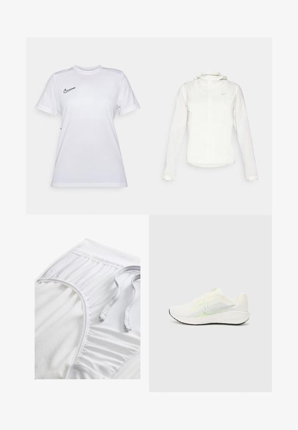 Hvit Nike-jakke med hette, hel glidelås, elastiske mansjetter og en diskret logo på brystet. Glatt tekstur og lett design.; Hvit Nike T-skjorte med slim fit, rund hals, korte ermer og svart logo på venstre bryst; laget av lett, pustende materiale.; Hvite treningse shorts med strukturert midjebånd, samlede side detaljer og flat snøring. Myk stoff med glatt overflate.; Nike Performance DOWNSHIFTER 13 - Løpesko for vei - sail/silver-coloured photon dust/summit white/barely volt/black