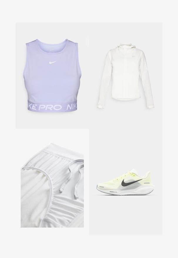 Biała kurtka Nike z kapturem, na zamek błyskawiczny, elastyczne mankiety i subtelne logo na piersi. Gładka tekstura i lekka konstrukcja.; Jasnofioletowy crop top Nike Pro, bez rękawów, z białym logo na klatce piersiowej i skręconym paskiem z napisem "NIKE PRO" w białym kolorze.; Białe sportowe szorty z teksturowanym pasem, detalami z boku i płaskim sznurkiem do regulacji. Miękka tkanina o gładkim wykończeniu.; Biegi Nike z lekką żółtą i białą siateczką cholewy, szarymi akcentami i elastyczną gumową podeszwą. Posiada klasyczne sznurowanie.