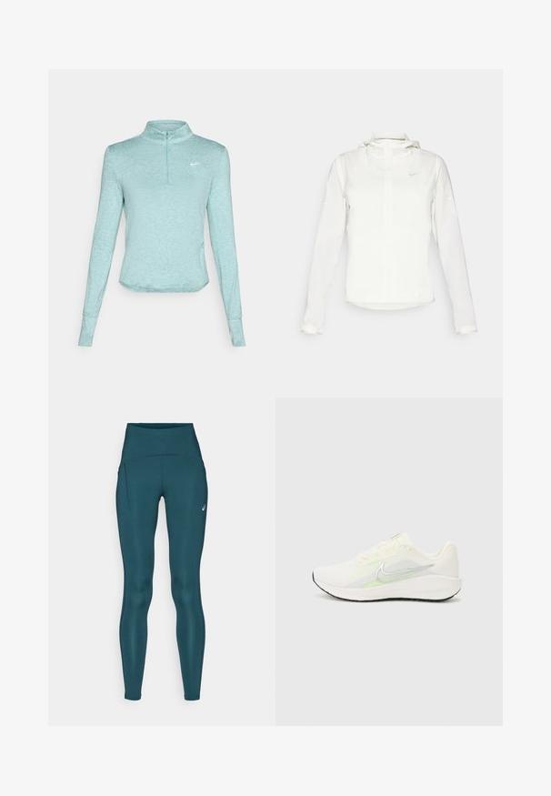 White Nike jacket with a hood, full zip, elastic cuffs, and a subtle logo on the chest. Smooth texture and lightweight design.; Light blue, long-sleeve athletic top with a half-zip collar, featuring a textured fabric and a small white logo on the chest.; Teal high-waisted leggings made of stretchy fabric, featuring a curved waistband, side pocket, and subtle logo accent near the hip.; Nike Performance DOWNSHIFTER 13 - Road running shoes - sail/silver-coloured photon dust/summit white/barely volt/black