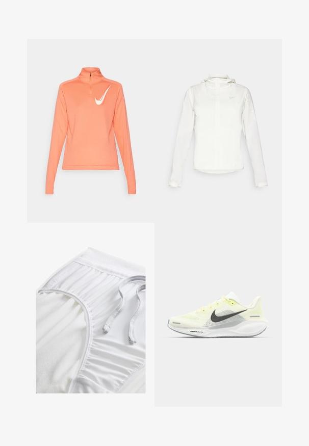Weiße Nike-Jacke mit Kapuze, durchgehendem Reißverschluss, elastischen Bündchen und einem dezenten Logo auf der Brust. Glatte Textur und leichtes Design.; Langärmliges Zip-Up-Oberteil in hellem Korall, mit hohem Kragen, glattem Stoff und einem weißen Nike-Swoosh-Logo auf der linken Brust.; Weiße Sportshorts mit einem strukturierten Taillenbund, gerafften Seitendetails und einem flachen Kordelzug. Weicher Stoff mit glatter Oberfläche.; Nike Laufschuhe mit einem hellgelben und weißen Mesh-Obermaterial, grauen Akzenten und einer flexiblen Gummisohle. Verfügt über einen Schnürverschluss.