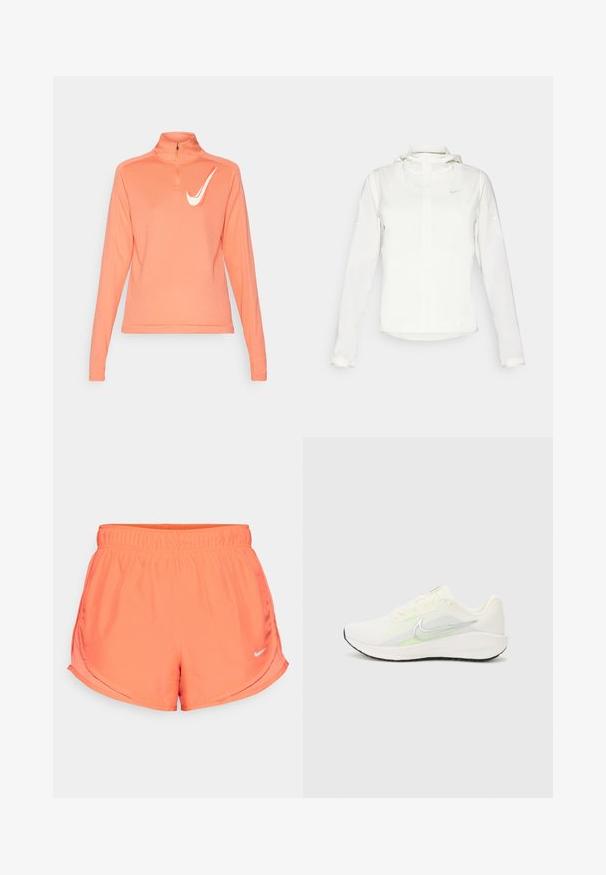 Biała kurtka Nike z kapturem, na zamek błyskawiczny, elastyczne mankiety i subtelne logo na piersi. Gładka tekstura i lekka konstrukcja.; Długi rękaw, zapinana na zamek bluzka w jasnym koralowym kolorze, z wysokim kołnierzem, gładkim materiałem oraz białym logo Nike na lewej piersi.; Koralowe szorty Nike mają elastyczny pas, boczne rozcięcia dla swobody ruchu oraz małe srebrne logo na dolnym prawym rogu. Gładki, lekki materiał.; Nike Performance DOWNSHIFTER 13 biały