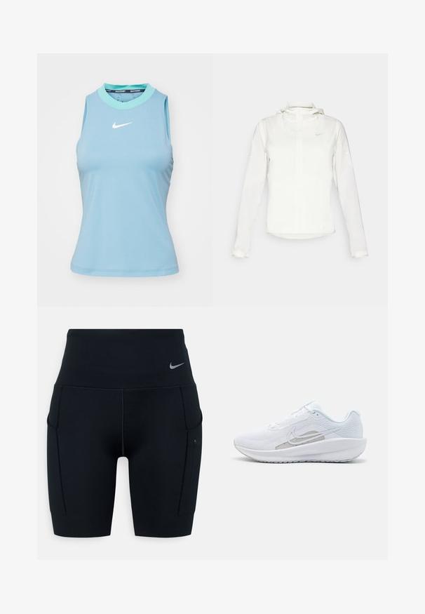 Hvit Nike-jakke med hette, hel glidelås, elastiske mansjetter og en diskret logo på brystet. Glatt tekstur og lett design.; Nike Performance ADVANTAGE TANK - Topper - denim turquoise/green frost/white; Svart høyverdig trening shorts laget av elastisk materiale; har sidelommer og en liten Nike-logo på midjen.; Hvit sportssko med mesh-overdel, rund tå og teksturert såle. Har en sølvfarget Nike swoosh og et minimalistisk design.