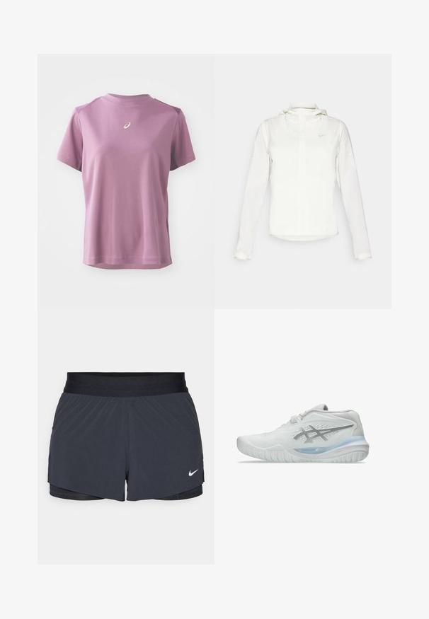 Valge Nike jakker, millel on kapuuts, täispikk tõmblukk, elastsed mansetid ja diskreetne logo rinnal. Sile tekstuur ja kerge disain.; Lühikeste varrukatega, ümarate kraede ja helesinise T-särk, valmistatud pehmest kangast, millel on sile tekstuur, ja millel on rinnal väike logo.; Mustad must sportlikud lühikesed püksid, millel on elastne vöökoht, kihiline disain ja väike valge Nike logo vasakul all. Kerge materjal.; Valged spordijalatsid tekstureeritud ülemise osaga, millel on läbipaistev sinine tald ja diskreetne hall bränding küljel. Ümar varvas ja madal profiil.