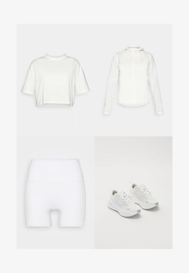 Jachetă albă Nike cu glugă, fermoar pe toată lungimea, manșete elastice și un logo subtil pe piept. Textură netedă și design ușor.; Tricou scurt, cu mâneci scurte, din bumbac alb solid. Dispune de o guler rotund și o croială lejeră cu margine răsucită. Textură moale, fără modele.; Șorturi albe cu talie înaltă, fabricate dintr-un material elastic. Au o textură netedă și un design ajustat, fără modele sau accesorii suplimentare.; Pantofi sport albi cu un superior din plasă texturată, talpă amortizată și accente subtile de gri. Include branding și un buclă la călcâi pentru a fi ușor de încălțat.