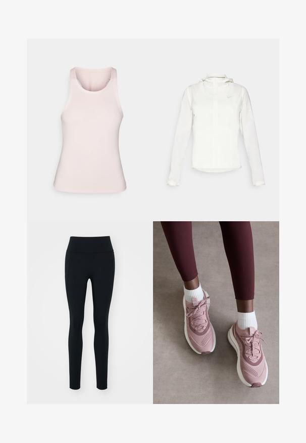 Balta Nike jaka ar kapuci, pilna rāvējslēdzēja, elastīgām piedurknēm un diskrētu logotipu uz krūšu daļas. Gluda tekstūra un viegla konstrukcija.; Gaiši rozā topiņš ar izgriezumu, kas izgatavots no gludas, elastīgas auduma; ar apaļu kakla izgriezumu un sacensību aizmuguri, bez papildu rakstiem vai akcents.; Melni legingi, izgatavoti no elastīga materiāla, ar augstu jostu. Gluda tekstūra, pielāgota forma un nav redzamu rotājumu vai rakstu.; Gaiši rozā sporta apavi ar teksturētu sietu augšdaļu, auklu aizdari un baltu zoli. Valkāti ar baltām īsām zeķēm, kombinēti ar bordo krāsas legingiem.