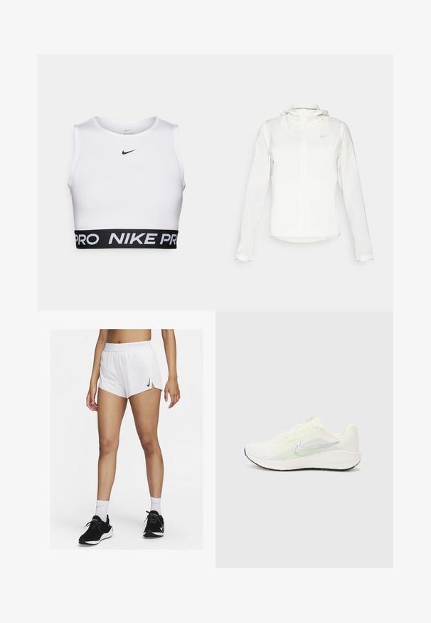 Bijela Nike jakna s kapuljačom, punim zatvaračem, elastičnim manžetama i suptilnim logotipom na prsima. Glatka textura i lagan dizajn.; Bijeli sportski crop top s okruglim izrezom, bez rukava i crnim elastičnim pojasom s natpisom "NIKE PRO".; Bijele sportske kratke hlače s rebrastim pojasom, bočnim prorezima i crnim logotipom Nike. Nošene s crnim tenisicama i bijelim čarapama do sredine lista.; Nike Performance DOWNSHIFTER 13 - Tenisice za cestovno trčanje - sail/silver-coloured photon dust/summit white/barely volt/black