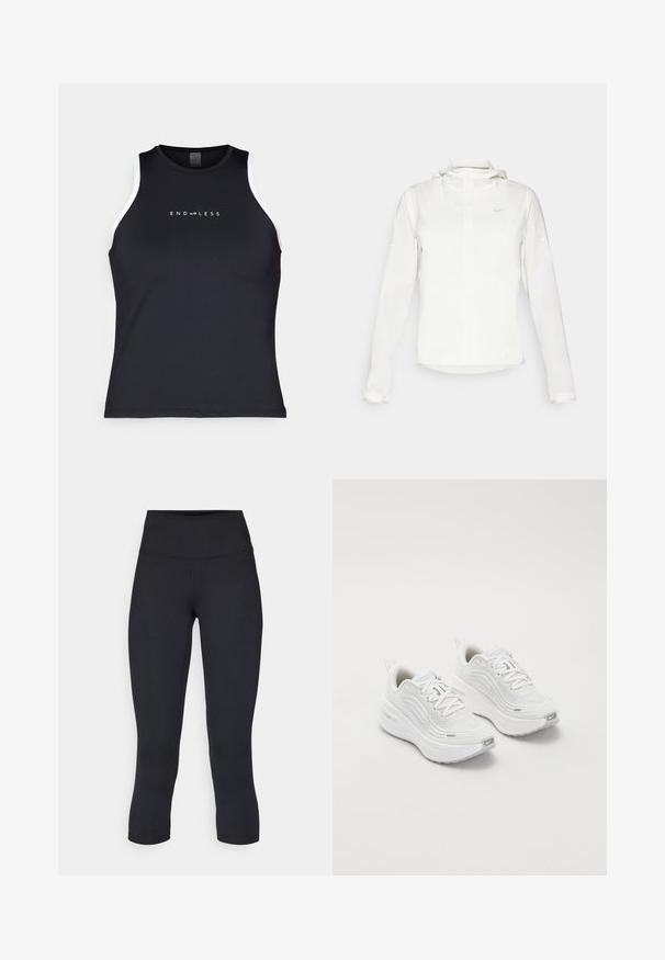 Bela Nike jakna s kapuco, polno zadrgo, elastičnimi manšetami in diskretnim logotipom na prsih. Gladka tekstura in lahko oblikovanje.; Endless ESSENTIAL - Top - black; Črne skrajšane legice iz raztegljive tkanine, z visokim pasom in gladko teksturo, brez vidnih vzorcev ali kovinskih delov.; Bele športne čevlje z teksturirano mrežasto zgornjico, oblazinjeno podplatom in subtilnimi sivimi detajli. Vključujejo blagovno znamko in zanko na peti za enostavno obuvanje.