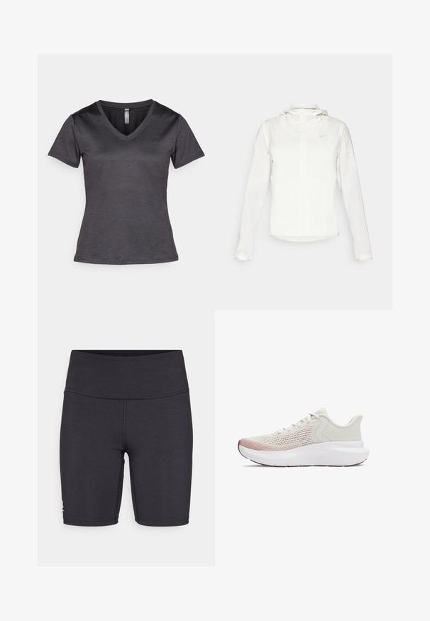 Balta Nike striukė su gobtuvu, pilnu užtrauktuku, elastingomis rankovėmis ir subtiliu logotipu ant krūtinės. Sklandi tekstūra ir lengvas dizainas.; Tamsiai pilka V-kaklo marškinėliai trumpomis rankovėmis, pagaminti iš lygaus audinio. Pridėtas subtilus logotipas ant krūtinės ir siauras dizainas.; Juodi sportiniai šortai, pagaminti iš tamprios medžiagos, su aukštu juosmeniu ir plokščiais siūlės siūlais. Sukurti komfortui ir judrumui.; Lengvi sportiniai bateliai su kvėpuojančiu baltu tinkleliu, gradientiniais rožiniais akcentais ir storesne balta nėriniuota padu.