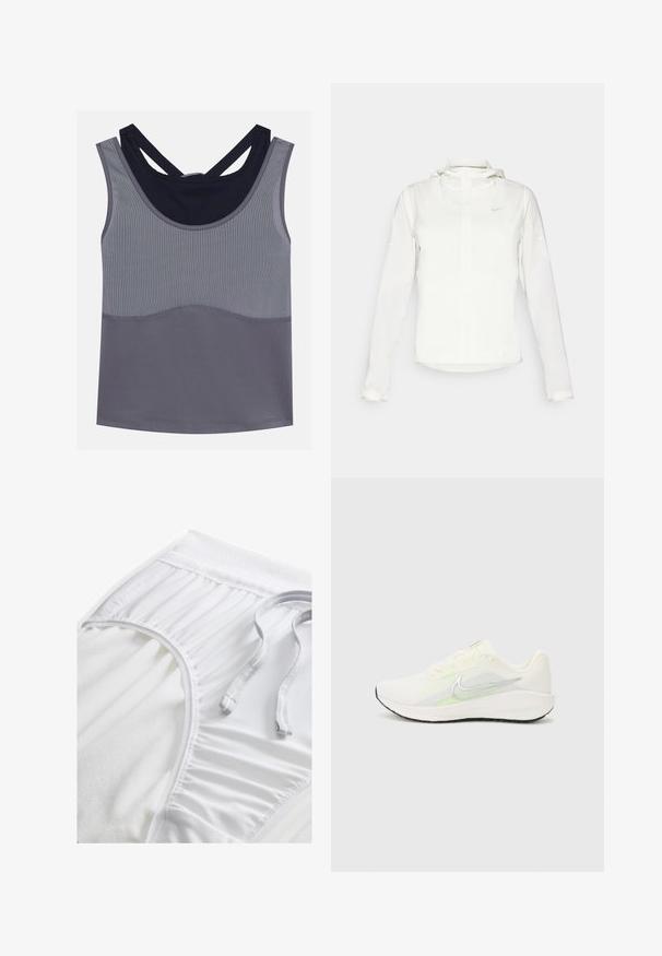 Balta Nike jaka ar kapuci, pilna rāvējslēdzēja, elastīgām piedurknēm un diskrētu logotipu uz krūšu daļas. Gluda tekstūra un viegla konstrukcija.; Pelēks sporta topiņš ar apaļu dekoltē, racerback dizainu un kontrastējošiem tumši ziliem akcentiem. Ieguvums teksturēta auduma un bezšuvju konstrukcija.; Balti sporta šorti ar teksturētu jostasvietu, salocītu sānu detaļām un izlīdzenu auklu. Mīksts audums ar gludu apdari.; Nike Performance DOWNSHIFTER 13 - Apavi skriešanai pa asfaltu - sail/silver-coloured photon dust/summit white/barely volt/black