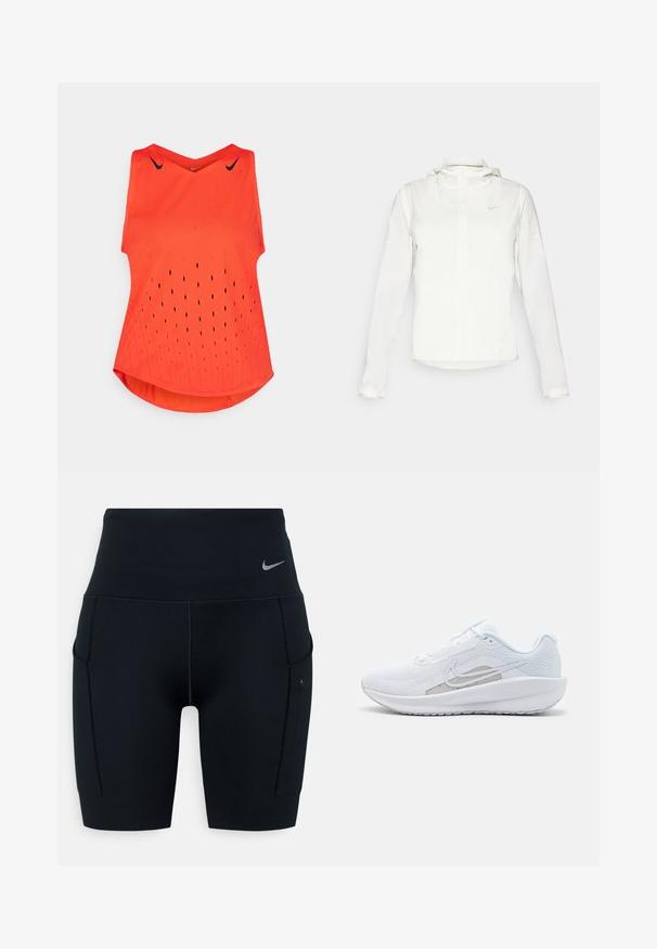Jachetă albă Nike cu glugă, fermoar pe toată lungimea, manșete elastice și un logo subtil pe piept. Textură netedă și design ușor.; Tricou sportiv fără mâneci de culoare portocalie, cu decolteu în V, având mici orificii de ventilație pe toată suprafața și logo-uri Nike negre pe umeri.; Pantaloni scurți sport negri, cu talie înaltă, din material elastic; au buzunare laterale și un mic logo Nike pe talie.; Pantof de atletism alb cu plasă superioară, vârf rotunjit și talpă texturată. Prezentă un logo Nike argintiu și un design minimalist.