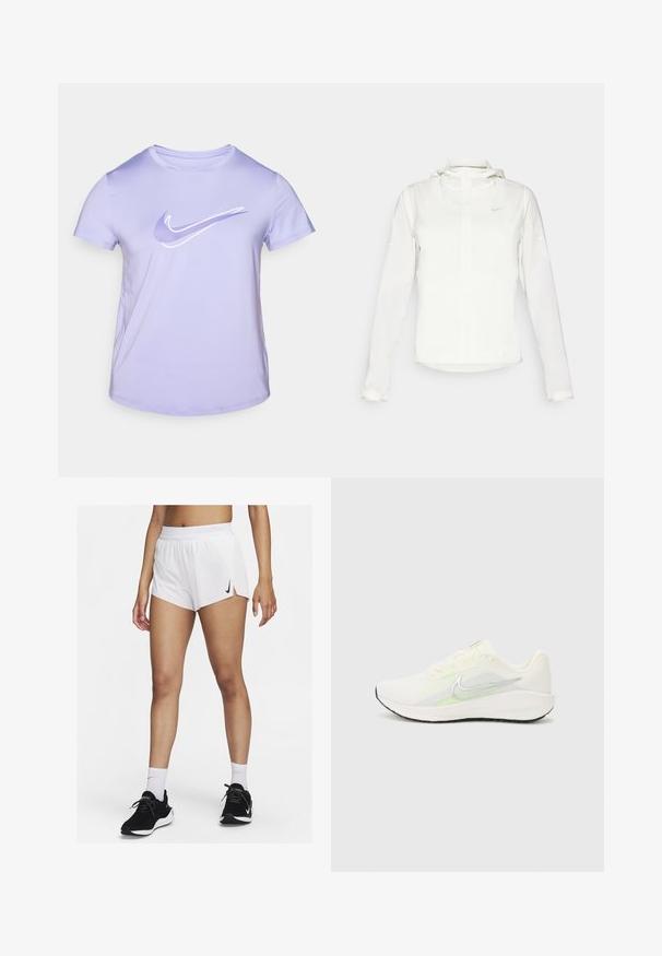 Valkoinen Nike-takki hupulla, täyspitkällä vetoketjulla, joustavilla hihansuilla ja hillityllä logolla rinnassa. Sujuva pinta ja kevyt muotoilu.; Lyse lilla Nike T-skjorte med korte ermer laget av glatt stoff, med hvit swoosh-logo på brystet og rund halsåpning.; Valkoiset urheilushortsit, joissa on resorivyötärö, sivuhaarat ja musta Nike-logo. Yhdistetty mustiin tennareihin ja valkoisiin polvisukkiin.; Nike Performance DOWNSHIFTER 13 - Katujuoksukengät - sail/silver-coloured photon dust/summit white/barely volt/black