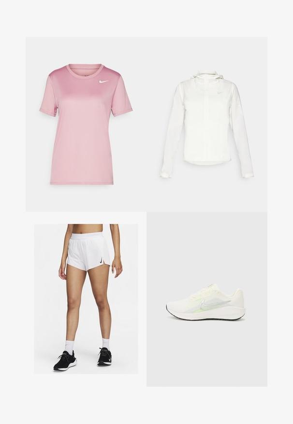 Hvit Nike-jakke med hette, hel glidelås, elastiske mansjetter og en diskret logo på brystet. Glatt tekstur og lett design.; Rosa Nike t-skjorte med korte ermer, laget av glatt stoff. Den har en rund halslinning og en liten hvit swoosh-logo på venstre bryst.; Hvite atletisk shorts med ribbet linning, sidespalter og en svart Nike-logo. Brukes med svarte joggesko og hvite ankelsokker.; Nike Performance DOWNSHIFTER 13 - Løpesko for vei - sail/silver-coloured photon dust/summit white/barely volt/black