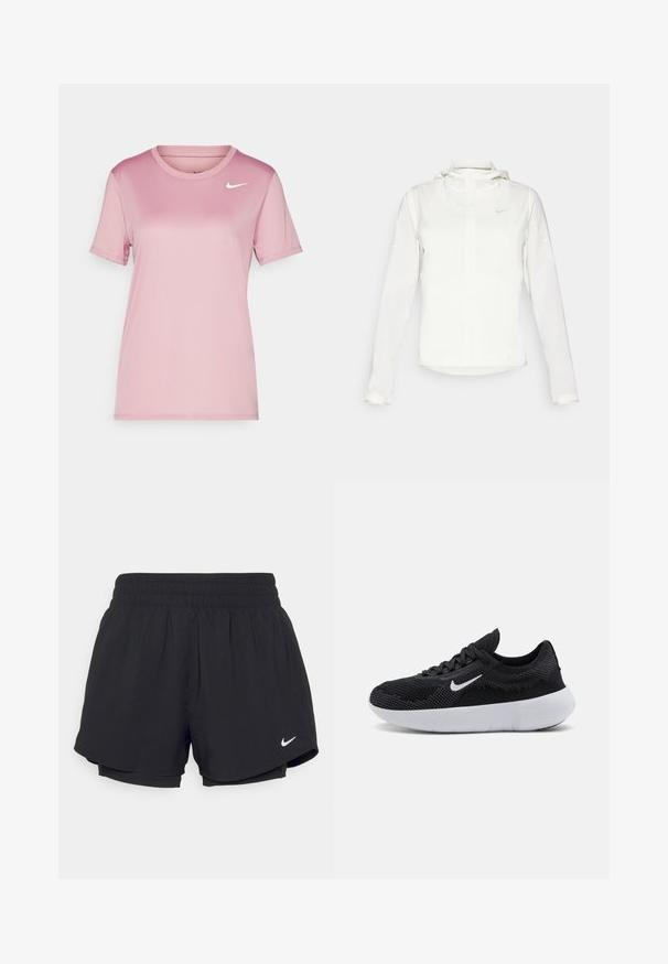 Balta Nike striukė su gobtuvu, pilnu užtrauktuku, elastingomis rankovėmis ir subtiliu logotipu ant krūtinės. Sklandi tekstūra ir lengvas dizainas.; Rožinė Nike trumparankovė marškinėliai, pagaminti iš lygios medžiagos. Turintys apvalų iškirpimą ir mažą baltą swoosh logotipą kairėje krūtinės pusėje.; Juodi sportiniai šortai su susiūtu elastingu juosmeniu, vidiniu pamušalu ir baltu „Nike“ logotipu apatiniame kairiajame kampe. Lygus, lengvas audinys.; Juodos sportinės bateliai su tinklelio viršumi, tekstūruotu dizainu, apvalia nosimi, balta guma šonine dalimi ir Nike logotipu šone.