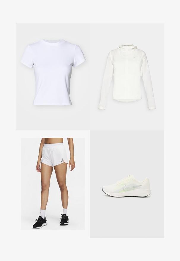 Chaqueta blanca de Nike con capucha, cremallera completa, puños elásticos y un logo sutil en el pecho. Textura suave y diseño ligero.; Camiseta blanca hecha de tela suave, con un cuello redondo y mangas cortas, de diseño ajustado y un pequeño logo cerca del escote.; Pantalones cortos deportivos blancos con cinturilla acanalada, aberturas laterales y un logo negro de Nike. Se llevan con zapatillas negras y calcetines blancos hasta la mitad de la pantorrilla.; Nike Performance DOWNSHIFTER 13 - Zapatillas running asfalto - sail/silver-coloured photon dust/summit white/barely volt/black