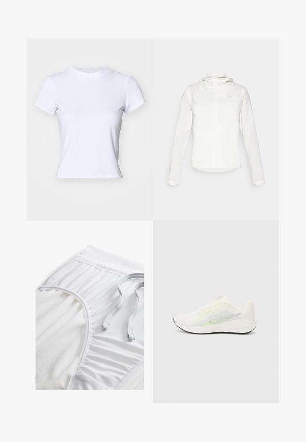 Bela Nike jakna s kapuco, polno zadrgo, elastičnimi manšetami in diskretnim logotipom na prsih. Gladka tekstura in lahko oblikovanje.; Bela majica iz mehkega materiala, z okroglim ovratnikom in kratkimi rokavi, s prilegajočim se dizajnom in majhnim logotipom v bližini ovratnika.; Bele atletske kratke hlače z teksturiranim pasom, nabranimi stranskimi detajli in ravnim vrvico. Mehka tkanina z gladko površino.; Nike Performance DOWNSHIFTER 13 - Tekaški copati za cesto - sail/silver-coloured photon dust/summit white/barely volt/black