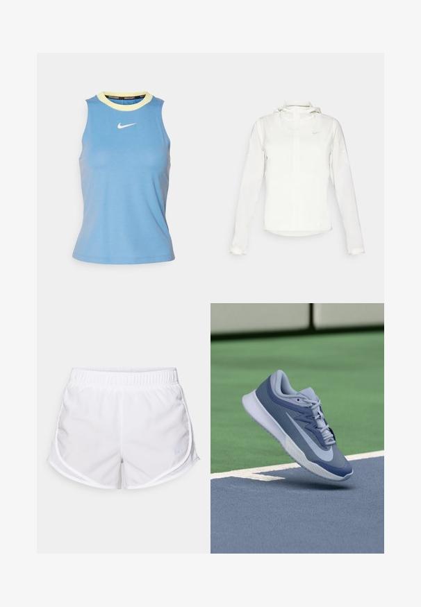 Bílá bunda Nike s kapucí, plným zipem, elastickými manžetami a decentním logem na hrudi. Hladká textura a lehký design.; Nike Performance ADVANTAGE TANK - Top - university blue/light laser orange/white; Bílé sportovní šortky vyrobené z lehké, prodyšné tkaniny. Mají elastický pás a síťované boční panely, s malým modrým logem jako akcentem.; Sportovní tenisky v světle modré a námořnické barvě, s texturovaným svrškem, plochými tkaničkami a lehkou bílou podrážkou. Zvýšené nad povrchem kurtu.