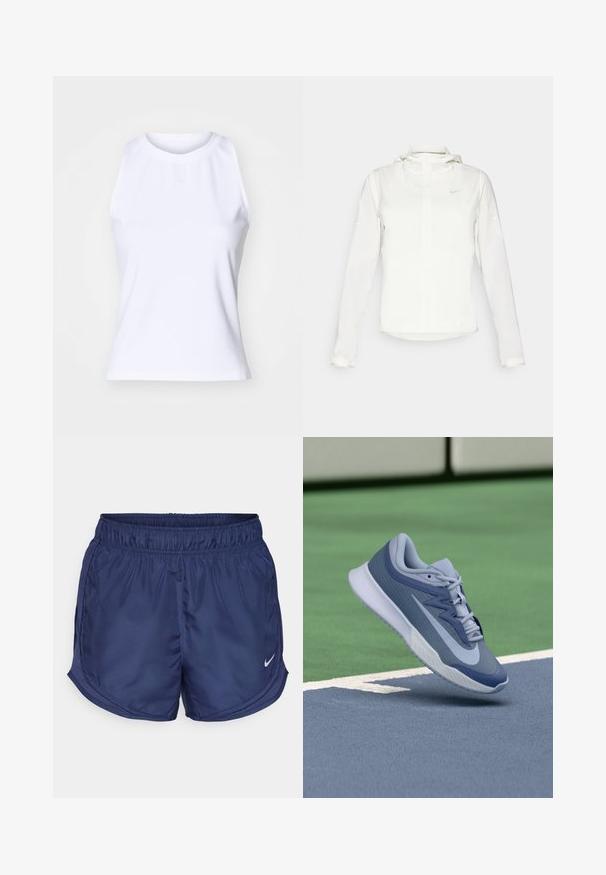 Biela Nike bunda s kapucňou, plným zipsom, elastickými manžetami a jemným logom na hrudi. Hladká textúra a ľahký dizajn.; Biely bezrukávový top vyrobený z hladkej zmesi bavlny. Má okrúhly výstrih a jemné vyšívanie loga na prednej strane.; Námornícke športové šortky s elastickým pásom a bočnými sieťovanými panelmi. Obsahujú malé biele logo Nike v dolnom ľavom rohu.; Športové tenisky v svetlomodrej a námorníckej farebnej kombinácii, s textúrovaným zvrškom, plochými šnúrkami a ľahkou bielou podrážkou. Vyvýšené nad povrchom ihriska.
