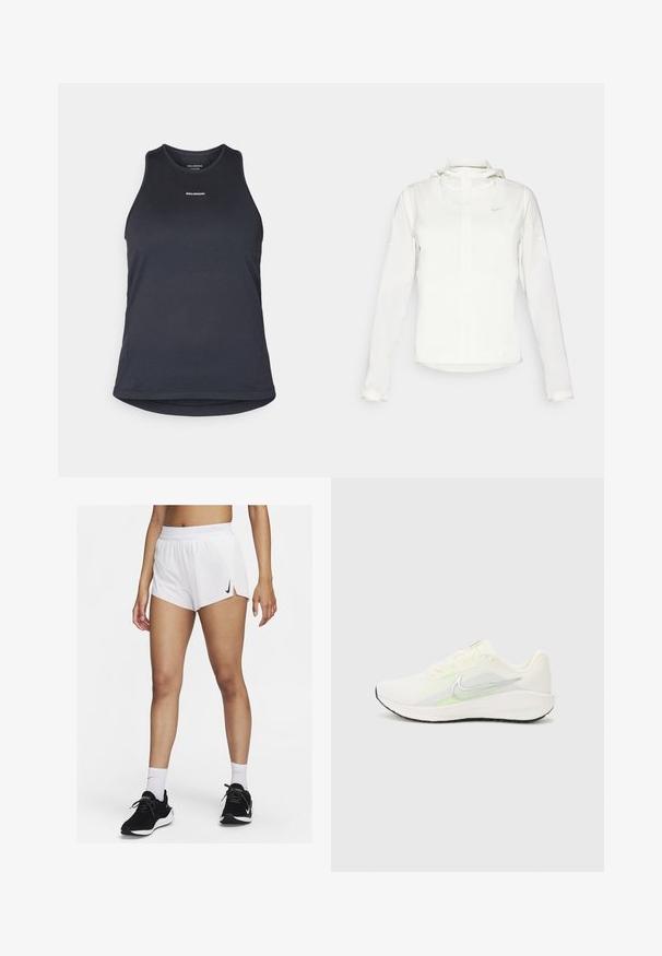 White Nike jacket with a hood, full zip, elastic cuffs, and a subtle logo on the chest. Smooth texture and lightweight design.; Dark gray athletic tank top made of textured fabric; features a crew neck and the brand "SALOMON" printed in white on the front.; White athletic shorts with a ribbed waistband, side slits, and a black Nike logo. Worn with black sneakers and white crew socks.; Nike Performance DOWNSHIFTER 13 - Road running shoes - sail/silver-coloured photon dust/summit white/barely volt/black