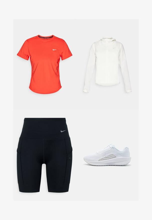 Chaqueta blanca de Nike con capucha, cremallera completa, puños elásticos y un logo sutil en el pecho. Textura suave y diseño ligero.; Camiseta deportiva roja hecha de material ligero, con un cuello redondo, mangas cortas y un pequeño logotipo blanco en el pecho.; Shorts deportivos negros de talle alto hechos de material elástico; cuentan con bolsillos laterales y un pequeño logotipo de Nike en la cinturilla.; Zapatilla deportiva blanca con parte superior de malla, punta redondeada y suela texturizada. Presenta un swoosh de Nike plateado y un diseño minimalista.