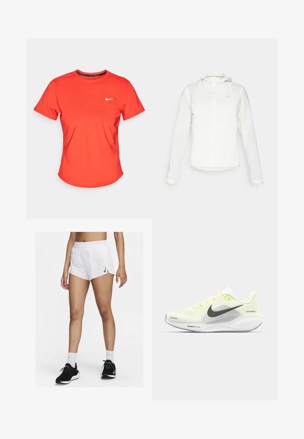 Giacca Nike bianca con cappuccio, zip completa, polsini elasticizzati e un logo discreto sul petto. Texture liscia e design leggero.; Maglietta sportiva rossa realizzata in materiale leggero, con scollo rotondo, maniche corte e un piccolo logo bianco sul petto.; Pantaloncini sportivi bianchi con vita a coste, spacchi laterali e logo Nike nero. Indossati con scarpe da ginnastica nere e calzini bianchi alti.; Scarpe da corsa Nike con una tomaia in rete giallo chiaro e bianco, dettagli grigi e una suola in gomma flessibile. Presentano una chiusura con lacci.