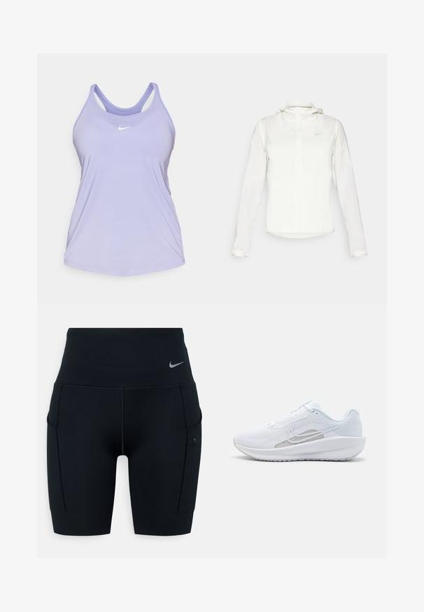 Bílá bunda Nike s kapucí, plným zipem, elastickými manžetami a decentním logem na hrudi. Hladká textura a lehký design.; Světle fialový tank top Nike se pevně střiženým designem, tenkými ramínky a malým bílým logem umístěným na hrudi. Hladká textilie.; Černé sportovní šortky s vysokým pasem vyrobené z pružného materiálu; mají boční kapsy a malou Nike logo na pásku.; Bílé sportovní boty s síťovaným vrškem, zaoblenou špičkou a texturovanou podrážkou. Mají stříbrný logo Nike a minimalistický design.