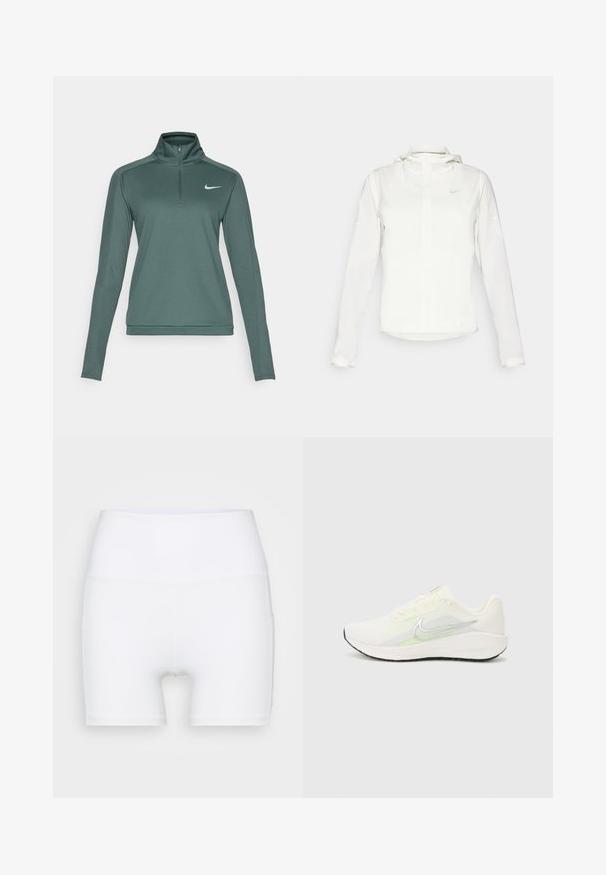 Balta Nike jaka ar kapuci, pilna rāvējslēdzēja, elastīgām piedurknēm un diskrētu logotipu uz krūšu daļas. Gluda tekstūra un viegla konstrukcija.; Nike Performance DRI-FIT PACER - Tops ar garām piedurknēm - vintage green/reflective silver; Baltā krāsā augsto jostasvietu šorti, izgatavoti no elastīga auduma. Raksturīga gluda virsma un pieguļoša piegriezuma forma, bez papildu rakstiem vai detaļām.; Nike Performance DOWNSHIFTER 13 - Apavi skriešanai pa asfaltu - sail/silver-coloured photon dust/summit white/barely volt/black