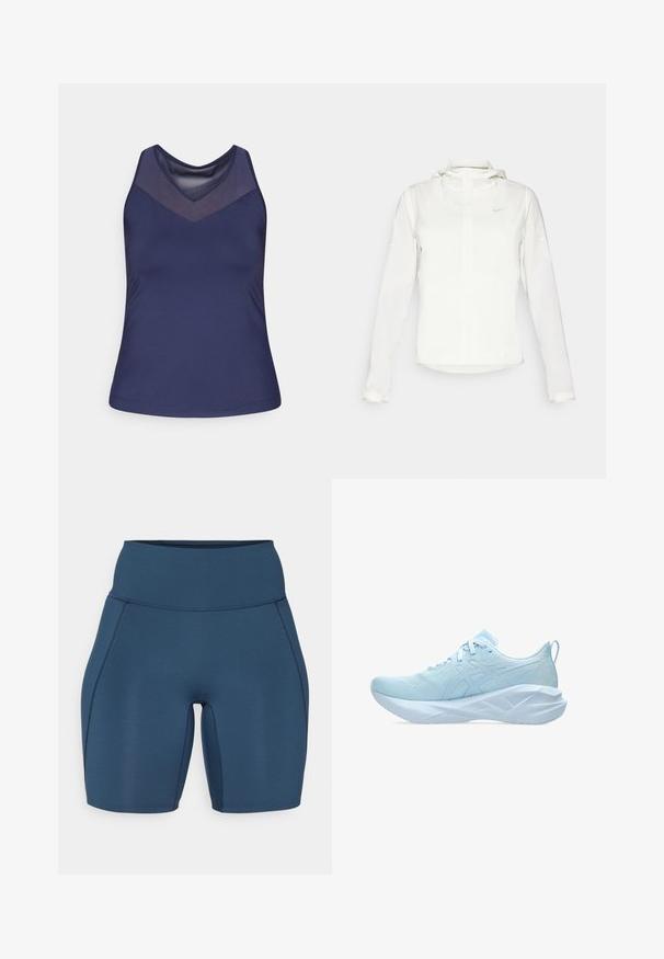 Valkoinen Nike-takki hupulla, täyspitkällä vetoketjulla, joustavilla hihansuilla ja hillityllä logolla rinnassa. Sujuva pinta ja kevyt muotoilu.; Sini sini tank top dengan desain leher V dan panel jaring. Kain halus dengan bentuk pas dan hem yang dijahit.; Tummansinisiä treenihousuja, joissa on korkea vyötärö, sileä pinta ja tasaiset saumat. Niissä on tiukka malli, joka ulottuu puoleen reiteen.; Vaaleansiniset urheilukengät, joissa on verkkopäällyste, tasaiset nauhat ja paksu, tekstuurinen pohja, jossa on geometrisia yksityiskohtia vakautta varten.
