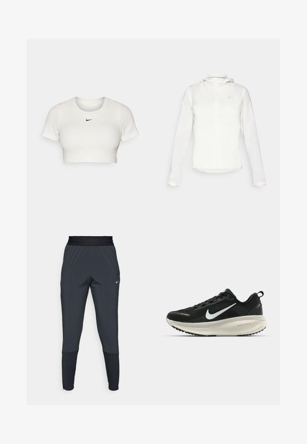 Jachetă albă Nike cu glugă, fermoar pe toată lungimea, manșete elastice și un logo subtil pe piept. Textură netedă și design ușor.; Tricou alb scurt, realizat dintr-un material din bumbac texturat, cu mâneci scurte și guler rotund; prezintă un mic logo Nike negru pe piept.; Pantaloni sport Nike de culoare gri închis, cu un design cu picior tapered, talie elastică și detalii accentuate lângă manșete.; Pantofii de alergare negri de la Nike, cu parte superioară din plasă respirabilă, logo-ul alb Swoosh, detalii texturate și o talpă intermediară ZoomX de culoare crem.