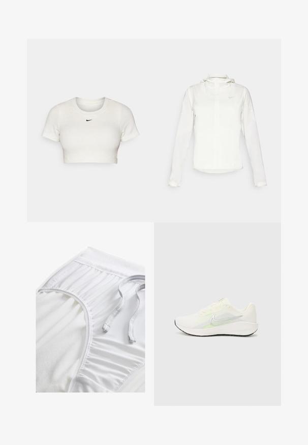 Weiße Nike-Jacke mit Kapuze, durchgehendem Reißverschluss, elastischen Bündchen und einem dezenten Logo auf der Brust. Glatte Textur und leichtes Design.; Abgeschnittenes weißes T-Shirt aus geripptem Stoff mit kurzen Ärmeln und Rundhalsausschnitt; mit kleinem schwarzen Nike-Logo auf der Brust.; Weiße Sportshorts mit einem strukturierten Taillenbund, gerafften Seitendetails und einem flachen Kordelzug. Weicher Stoff mit glatter Oberfläche.; Nike Performance DOWNSHIFTER 13 - Laufschuh Straße - sail/silver-coloured photon dust/summit white/barely volt/black