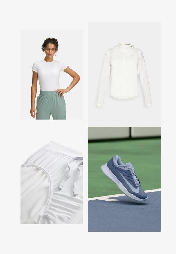 Witte Nike-jack met een capuchon, volledige rits, elastische manchetten en een subtiele logo op de borst. Gladde textuur en lichtgewicht ontwerp.; Witte fitted t-shirt met korte mouwen, gecombineerd met lichtgroene broek met elastische tailleband. Gladde textuur, minimalistisch ontwerp en geen zichtbare patronen.; Witte sportshorts met een gestructureerde tailleband, geplooide zijkanten en een platte trekkoord. Zachte stof met een gladde afwerking.; Sport sneaker in lichtblauw en marineblauw, met een gestructureerde bovenkant, platte veters en een lichte witte zool. Verhoogd boven een speelveld.