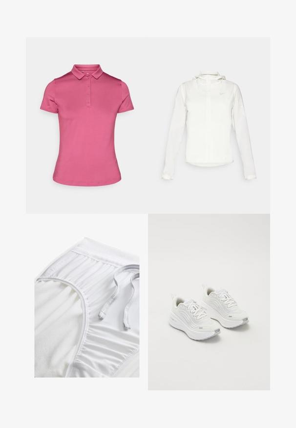 Weiße Nike-Jacke mit Kapuze, durchgehendem Reißverschluss, elastischen Bündchen und einem dezenten Logo auf der Brust. Glatte Textur und leichtes Design.; Rosa Poloshirt aus glattem Stoff, mit einem Kragen, einer Knopfleiste mit sechs Knöpfen und kurzen Ärmeln. Einfaches, tailliertes Design mit einem sauberen Finish.; Weiße Sportshorts mit einem strukturierten Taillenbund, gerafften Seitendetails und einem flachen Kordelzug. Weicher Stoff mit glatter Oberfläche.; Weiße Sportschuhe mit einem strukturierten Mesh-Obermaterial, gepolsterter Sohle und dezenten grauen Akzenten. Enthält Branding und eine Schlaufe an der Ferse für einfaches Anziehen.