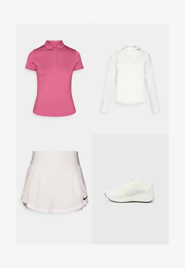 Veste blanche Nike avec capuche, fermeture éclair intégrale, poignets élastiques et un logo discret sur la poitrine. Texture lisse et design léger.; Chemise polo rose en tissu doux, dotée d'un col, d'une patte de boutonnage à six boutons et de manches courtes. Design simple et ajusté avec une finition soignée.; Nike Performance SHORT - Short de sport - white/black; Nike Performance DOWNSHIFTER 13 - Chaussures de running sur route - sail/silver-coloured photon dust/summit white/barely volt/black