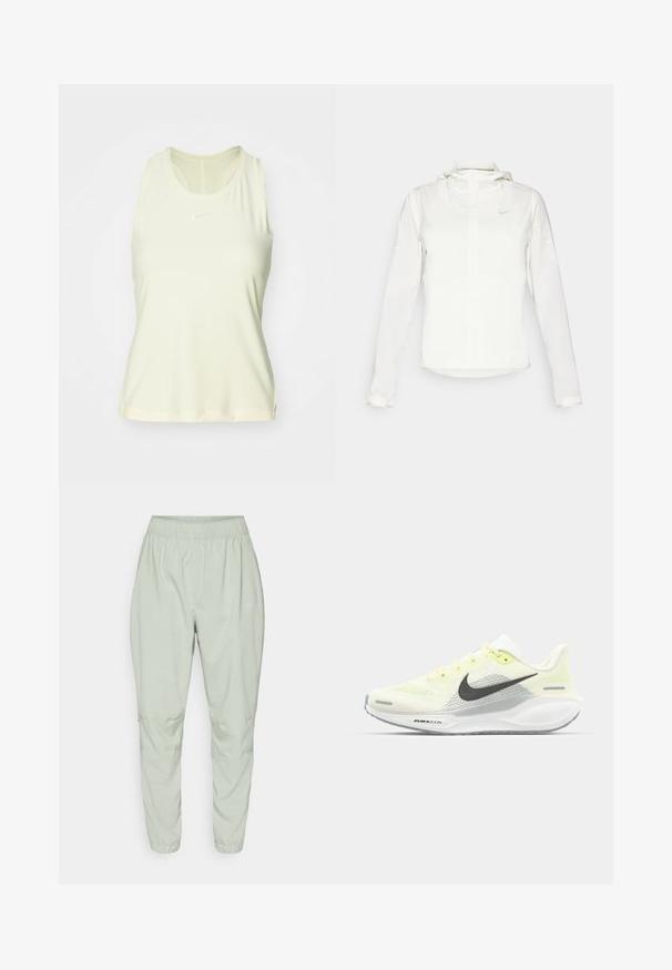 Chaqueta blanca de Nike con capucha, cremallera completa, puños elásticos y un logo sutil en el pecho. Textura suave y diseño ligero.; Camiseta atlética sin mangas de color amarillo claro, fabricada con un tejido suave, que presenta un escote redondeado y un pequeño logotipo blanco en el pecho.; Nike Performance DRI-FIT FAST - Pantalones deportivos - jade horizon; Zapatillas de correr Nike con una parte superior de malla en amarillo claro y blanco, detalles en gris y una suela de goma flexible. Cuenta con un cierre de cordones.