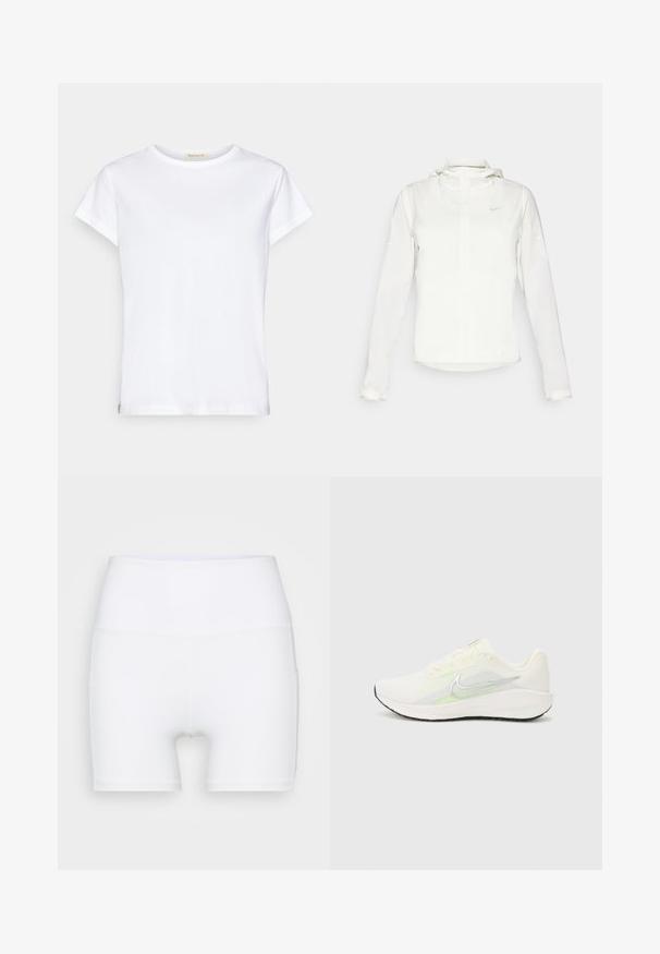 White Nike jacket with a hood, full zip, elastic cuffs, and a subtle logo on the chest. Smooth texture and lightweight design.; White short-sleeved t-shirt with a round neckline and a straight cut. Made of soft cotton, featuring a label at the neck.; White high-waisted shorts made from stretch fabric. Features a smooth texture and fitted design, with no additional patterns or hardware.; Nike Performance DOWNSHIFTER 13 - Road running shoes - sail/silver-coloured photon dust/summit white/barely volt/black