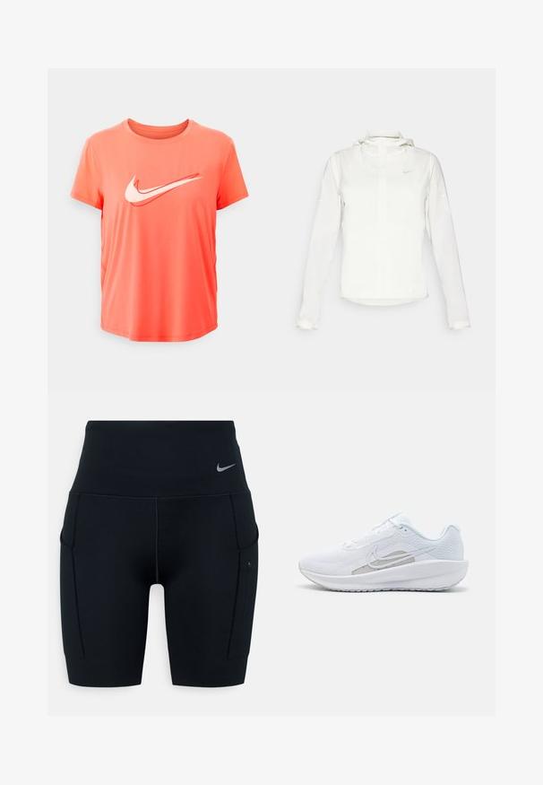 Chaqueta blanca de Nike con capucha, cremallera completa, puños elásticos y un logo sutil en el pecho. Textura suave y diseño ligero.; Camiseta atlética de manga corta en coral brillante con el logo de Nike en blanco. Fabricada con material suave y ligero, con un cuello redondo.; Shorts deportivos negros de talle alto hechos de material elástico; cuentan con bolsillos laterales y un pequeño logotipo de Nike en la cinturilla.; Zapatilla deportiva blanca con parte superior de malla, punta redondeada y suela texturizada. Presenta un swoosh de Nike plateado y un diseño minimalista.