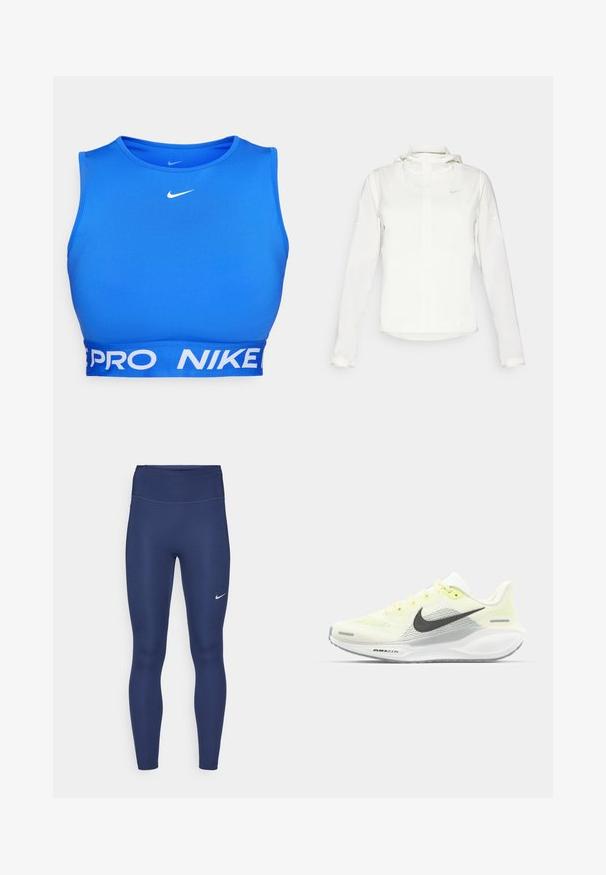 Witte Nike-jack met een capuchon, volledige rits, elastische manchetten en een subtiele logo op de borst. Gladde textuur en lichtgewicht ontwerp.; Blauwe sportbeha van een gladde stof, met een ronde halslijn, een brede witte tailleband met de teksten "PRO" en "NIKE", en een logo op de borst.; Marineblauwe leggings met een hoge tailleband, gemaakt van rekbare stof. Voorzien van subtiele stiksels en een klein wit Nike-logo op de linkerdij.; Nike hardloopschoenen met een lichtgele en witte mesh bovenkant, grijze accenten en een flexibele rubberen zool. Voorzien van een vetersluiting.