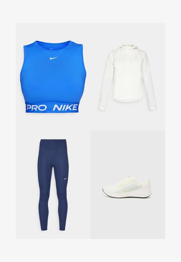 Bela Nike jakna s kapuco, polno zadrgo, elastičnimi manšetami in diskretnim logotipom na prsih. Gladka tekstura in lahko oblikovanje.; Modra športna nedrčka iz gladkega blaga, z okroglim izrezom, širokim belim pasom z napisom "PRO" in "NIKE" ter logotipom na prsih.; Mornarske legice z visokim pasom, narejene iz raztegljive tkanine. Imajo subtilno šivanje in majhen beli Nike logo na levi stegnu.; Nike Performance DOWNSHIFTER 13 - Tekaški copati za cesto - sail/silver-coloured photon dust/summit white/barely volt/black