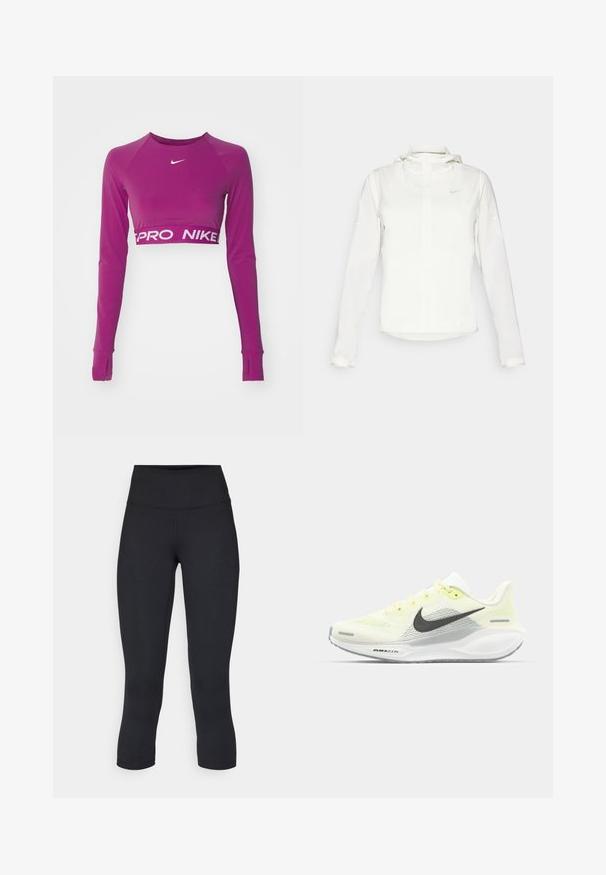 White Nike jacket with a hood, full zip, elastic cuffs, and a subtle logo on the chest. Smooth texture and lightweight design.; Purple long-sleeve crop top made of stretchy material. Features a rounded neckline and a white "PRO NIKE" logo on the waistband.; Black cropped leggings made of stretchy fabric, featuring a high waistband and smooth texture, with no visible patterns or hardware.; Nike running shoes with a light yellow and white mesh upper, grey accents, and a flexible rubber sole. Features a lace-up closure.