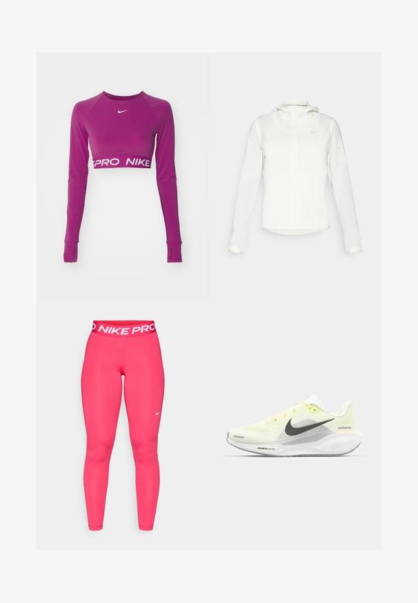 Biała kurtka Nike z kapturem, na zamek błyskawiczny, elastyczne mankiety i subtelne logo na piersi. Gładka tekstura i lekka konstrukcja.; Fioletowy krótki top z długim rękawem, wykonany z elastycznego materiału. Posiada okrągły dekolt oraz białe logo "PRO NIKE" na pasie.; Różowe legginsy Nike Pro z szerokim elastycznym pasem w talii, z białym napisem "NIKE PRO" oraz małym białym logo na lewej udzie.; Biegi Nike z lekką żółtą i białą siateczką cholewy, szarymi akcentami i elastyczną gumową podeszwą. Posiada klasyczne sznurowanie.