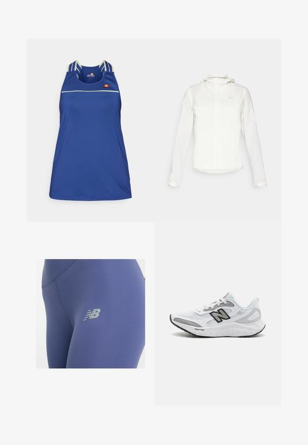White Nike jacket with a hood, full zip, elastic cuffs, and a subtle logo on the chest. Smooth texture and lightweight design.; Blue sleeveless athletic top made of smooth material, featuring thin white horizontal stripes and a multicolored logo on the chest.; Leggings in deep blue fabric with a smooth texture, featuring a reflective gray logo on the thigh and flatlock seams for comfort.; White athletic shoes with mesh upper, black and grey accents, lightweight design, Fresh Foam cushioning, and textured rubber outsole.