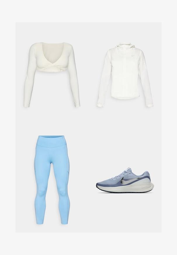 Hvit Nike-jakke med hette, hel glidelås, elastiske mansjetter og en diskret logo på brystet. Glatt tekstur og lett design.; Hvit langermet crop top med dyp V-hals og vridd frontdesign, laget av et glatt, elastisk stoff.; Lys blå leggings laget av elastisk stoff. Har høy midje, jevn tekstur og buede sømmer langs beina.; Lys blå og hvit Nike løpesko med sølvfarget swoosh, pustende mesh-overdel, polstret såle og svart yttersåle med mønster.