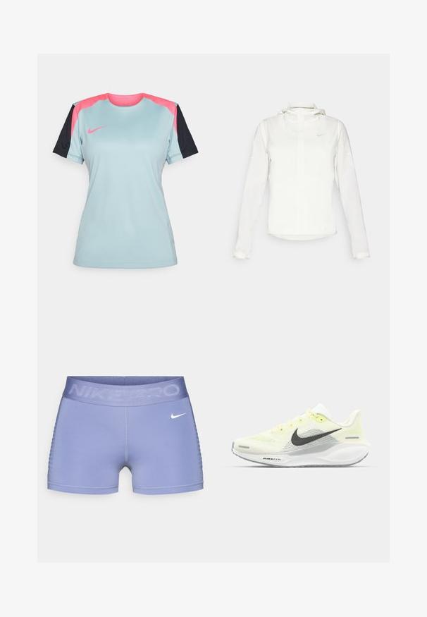 Chaqueta blanca de Nike con capucha, cremallera completa, puños elásticos y un logo sutil en el pecho. Textura suave y diseño ligero.; Camisa atlética de color azul claro con mangas negras, que presenta acentos en rosa en los hombros y un pequeño logo de Nike en rosa en el pecho. Tejido texturizado.; Bermudas de compresión Nike Pro en púrpura claro, con una cinturilla ancha que lleva el texto "NIKE PRO", textura suave y detalles laterales en patrón.; Zapatillas de correr Nike con una parte superior de malla en amarillo claro y blanco, detalles en gris y una suela de goma flexible. Cuenta con un cierre de cordones.