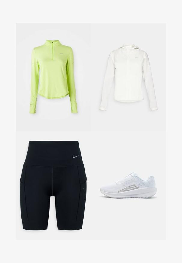 Biela Nike bunda s kapucňou, plným zipsom, elastickými manžetami a jemným logom na hrudi. Hladká textúra a ľahký dizajn.; Svetlozelený dlhý rukáv športový top s štvrtinovým zipsom, okrúhlym výstrihom, otvormi pre palce na rukávoch a malým reflexným logom Nike na hrudi.; Čierne športové šortky s vysokým pásom vyrobené z elastického materiálu; obsahujú bočné vrecká a malé logo Nike na páse.; Biele atletické topánky s priedušným zvrškom, okrúhlym prstom a štruktúrovanou podrážkou. Obsahuje strieborný Nike swoosh a minimalistický dizajn.