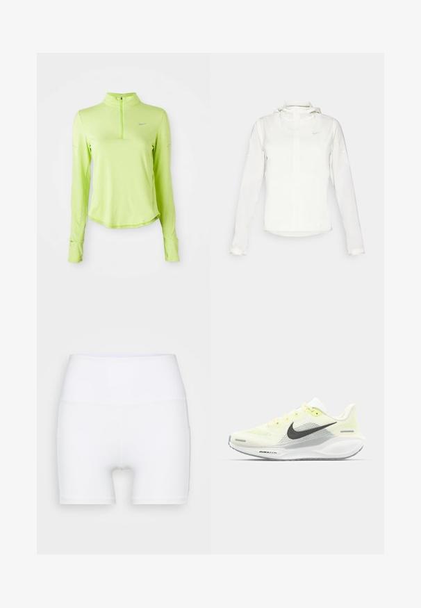 Valkoinen Nike-takki hupulla, täyspitkällä vetoketjulla, joustavilla hihansuilla ja hillityllä logolla rinnassa. Sujuva pinta ja kevyt muotoilu.; Vaaleanvihreä pitkähihainen urheilu-paita, jossa on neljännesvetoketju, pyöreä kaula-aukko, peukalonreiät hihoissa ja pieni heijastava Nike-logo rinnassa.; Valkoiset korkeavyötäröiset shortsit, jotka on valmistettu joustavasta kankaasta. Ominaisuuksiin kuuluu sileä pinta ja tiukka muotoilu, ilman lisäkuvioita tai varusteita.; Nike juoksukengät, joissa on vaaleankeltainen ja valkoinen verkko-osa, harmaita yksityiskohtia ja joustava kumipohja. Varusteet nauhakiinnityksellä.